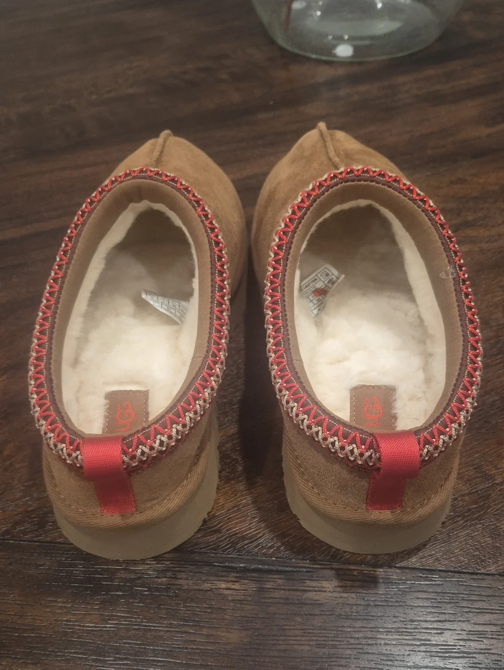 UGG Chestnut Suede Slip-On Shearling Moccasins with Red Trim Youth- 6 / Womens-8